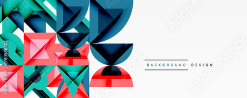 Geometric shapes create vibrant abstract composition. Blue, teal, pink hues dominate design. Minimalist text complements visual elements.