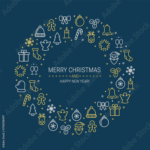 Outline vector Christmas and New Year composition with festive icons and text