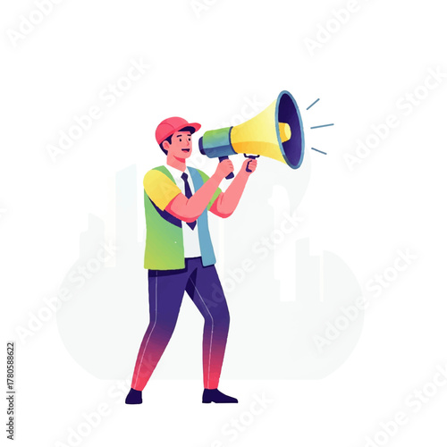 Cartoon activist or promoter using a megaphone to broadcast a message. Dynamic vector character design for marketing or social campaigns