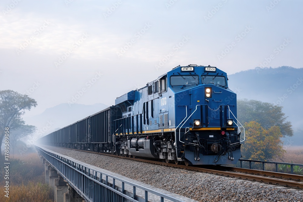 Obraz premium A blue freight train moves along a railway track in a foggy setting, surrounded by trees and mountains, conveying a sense of motion and industry.