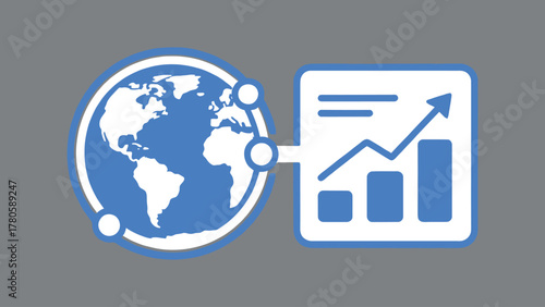 Global Branding Network , simple clean line vector of globe and chart in flat blue and white colors, symbolizing modern communication and online reach.
