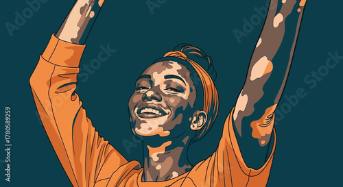Radiant woman with vitiligo joyfully raising arms in celebration, embodying strength and beauty in diversity with a vibrant, artistic style