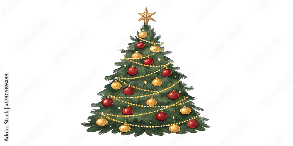 Fototapeta premium Decorated Christmas tree with lights, red and gold baubles, and star topper isolated on transparent background.