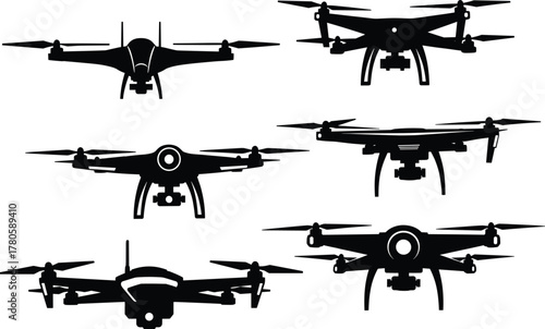 Quadcopter drone silhouette set, black vector illustration, aerial photography UAV designs, camera-mounted drones, propeller configuration comparison pack