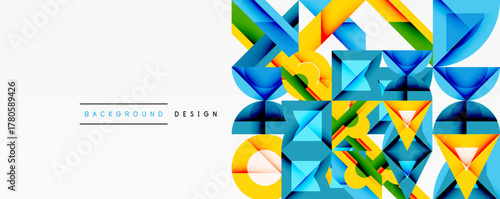 Abstract geometric shapes create vibrant background. Blue, yellow, green hues dominate composition. Modern design element.