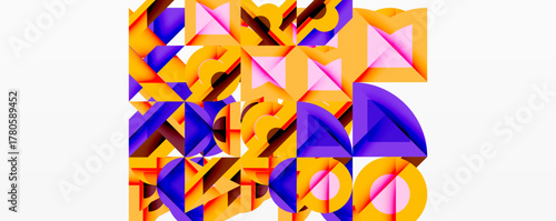Abstract geometric composition. Vivid colors, sharp angles, overlapping shapes create dynamic visual texture. Modern design elements present.