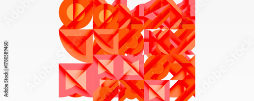 Abstract geometric shapes, vibrant orange, pink hues. Interlocking forms create complex pattern, modern design aesthetic.