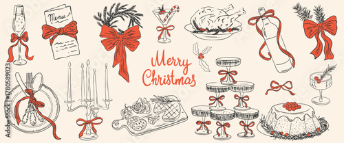 Hand drawn chalk Christmas dinner illustrations. Retro vintage new year food, wine, champagne tower, cocktails, candles, turkey, charcuterie in sketch style for invitations, menus and parties