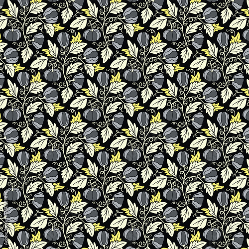 Seamless pattern featuring stylized grey pumpkins/gourds with vines, cream, and yellow leaves. A sophisticated, organic design on a black background, perfect for moody autumn/harvest themes.