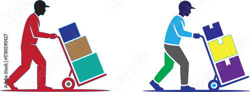 Delivery person pushing cart with boxes vector