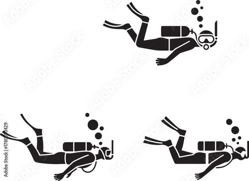 Divers underwater swimming bubbles scuba diving