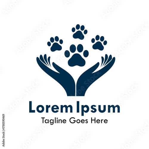 Pet care logo. Protecting hands holding animal paw prints. Symbolizes safety, shelter, insurance, and compassionate care for dogs, cats, and all animals.