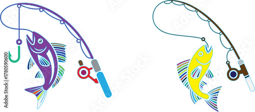 Purple and yellow fish caught on fishing rods reel