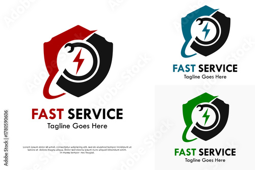 A shield logo with a lightning bolt flash. Represents fast service, speed, power, energy, and protection. Modern vector icon for tech or delivery.