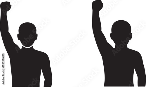 Two black silhouettes of people with raised fists protest