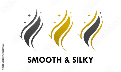 Smooth and silky logo set. Abstract 'S' wave icon in black and gold. Represents hair care, shampoo, conditioner, luxury, fabric, or a smooth scent.