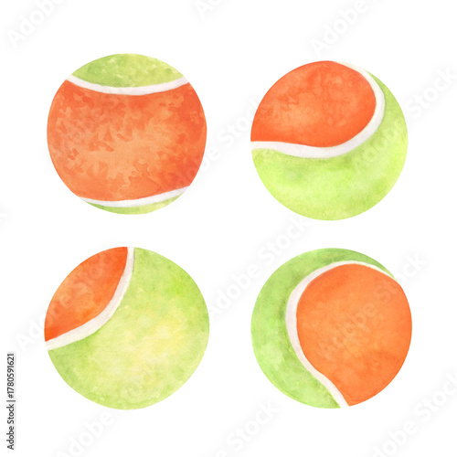 Watercolor set of orange and green tennis balls