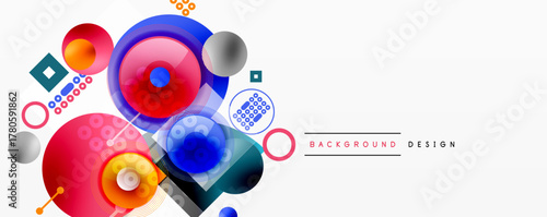 Abstract colorful shapes overlap, creating dynamic visual composition. Circles, squares, dots form modern design element.