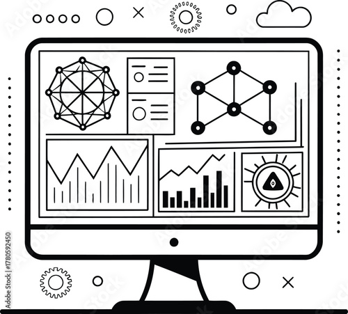 Monitor displaying various data charts and diagrams in black and white line art illustration