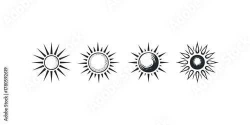 Four distinct sun symbols with radiant rays