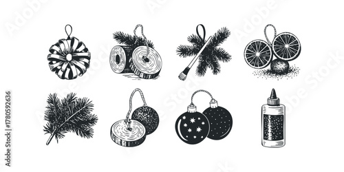 Set of Hand Drawn Christmas Ornaments and Craft Supplies