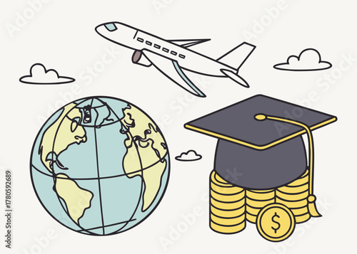 Isometric illustration of financial education concept featuring graduation cap, airplane, and gold coins for global scholarship investment.