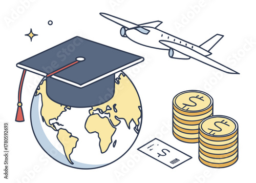 Cartoon isometric vector of global education investment featuring graduation cap, airplane, and gold coins symbolizing scholarship opportunities.