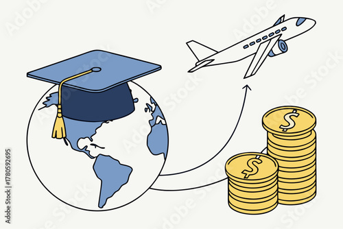 Isometric scholarship and education investment concept vector with graduation hat, gold coins, airplane, and global background.