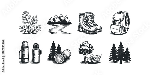 Outdoor adventure gear and nature elements collection
