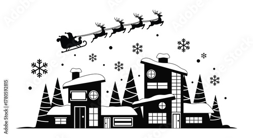 Santa claus flying in his sleigh with reindeer over a charming village at christmas silhouette