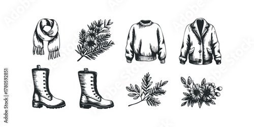 Autumn outfit and floral elements sketch