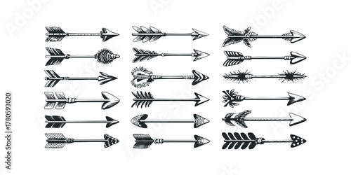 Collection of hand drawn arrow symbols with diverse fletching and points