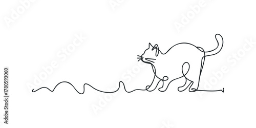 Minimalist single line drawing of a playful cat playing with string