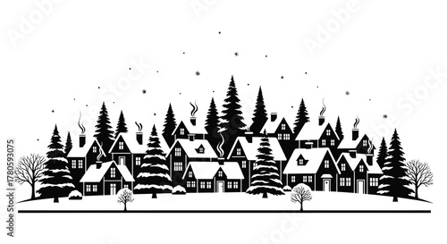 Charming winter village scene with snow covered houses and evergreen trees silhouette