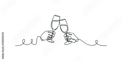 Hands holding champagne glasses in continuous line drawing