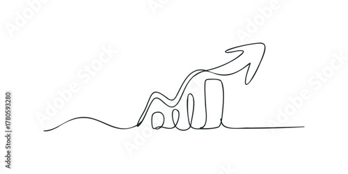 Single line drawing of an upward trending bar chart and arrow