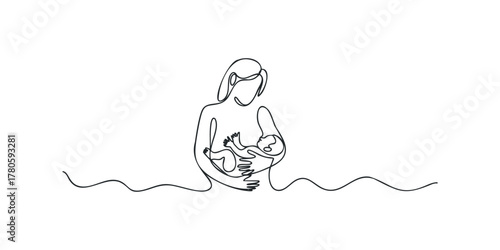 Mother nursing infant, abstract continuous line drawing