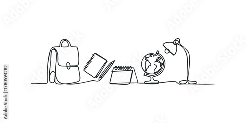 Continuous Line Drawing of School Supplies and Desk Lamp