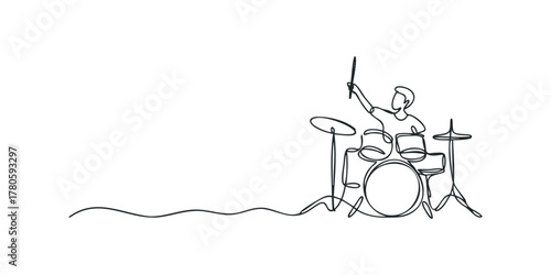 Male drummer performing with drum kit in minimalist line art