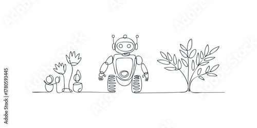 Robot in Garden with Flowers and Tree Single Line Drawing