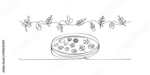 Petri dish with abstract cell cultures and delicate plant vine border