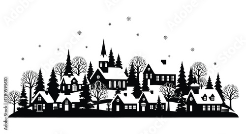 Charming winter village silhouette with snow falling and evergreen trees in a festive scene silhouette