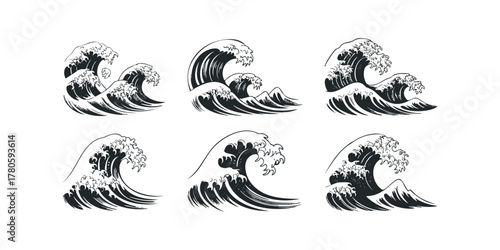 Six Japanese Wave Graphics in Black Ink