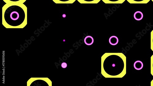 Abstract purple circles pulsing in yellow geometric shapes