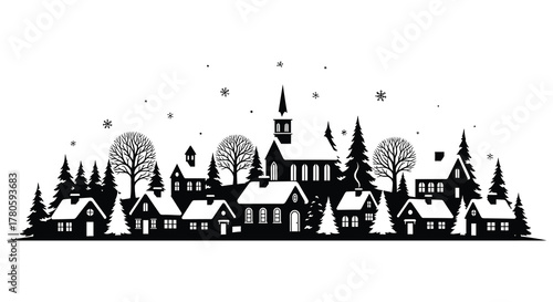 Charming winter village scene with snowy rooftops and pine trees silhouette