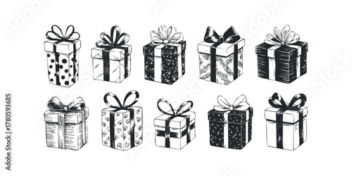 Hand Drawn Collection of Gift Boxes with Ribbons