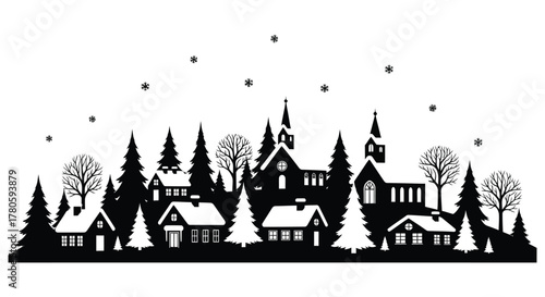 Charming village scene with houses and churches surrounded by evergreen trees and falling snow silhouette