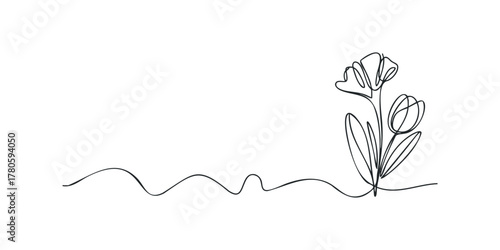 Continuous line drawing of blooming flowers and leaves