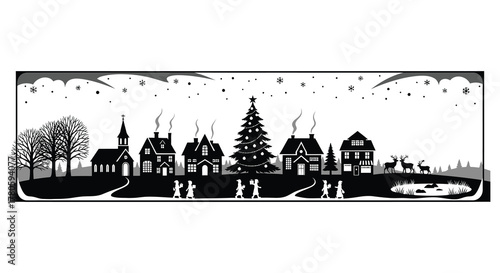 Charming winter village scene with a christmas tree and people walking in the snow silhouette