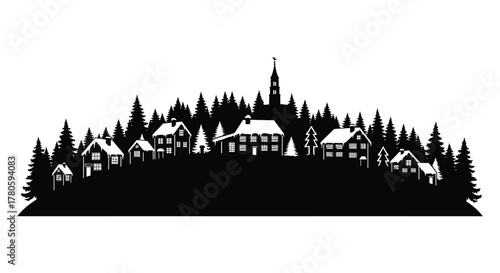 Charming winter village nestled amongst pine trees with a church steeple silhouette
